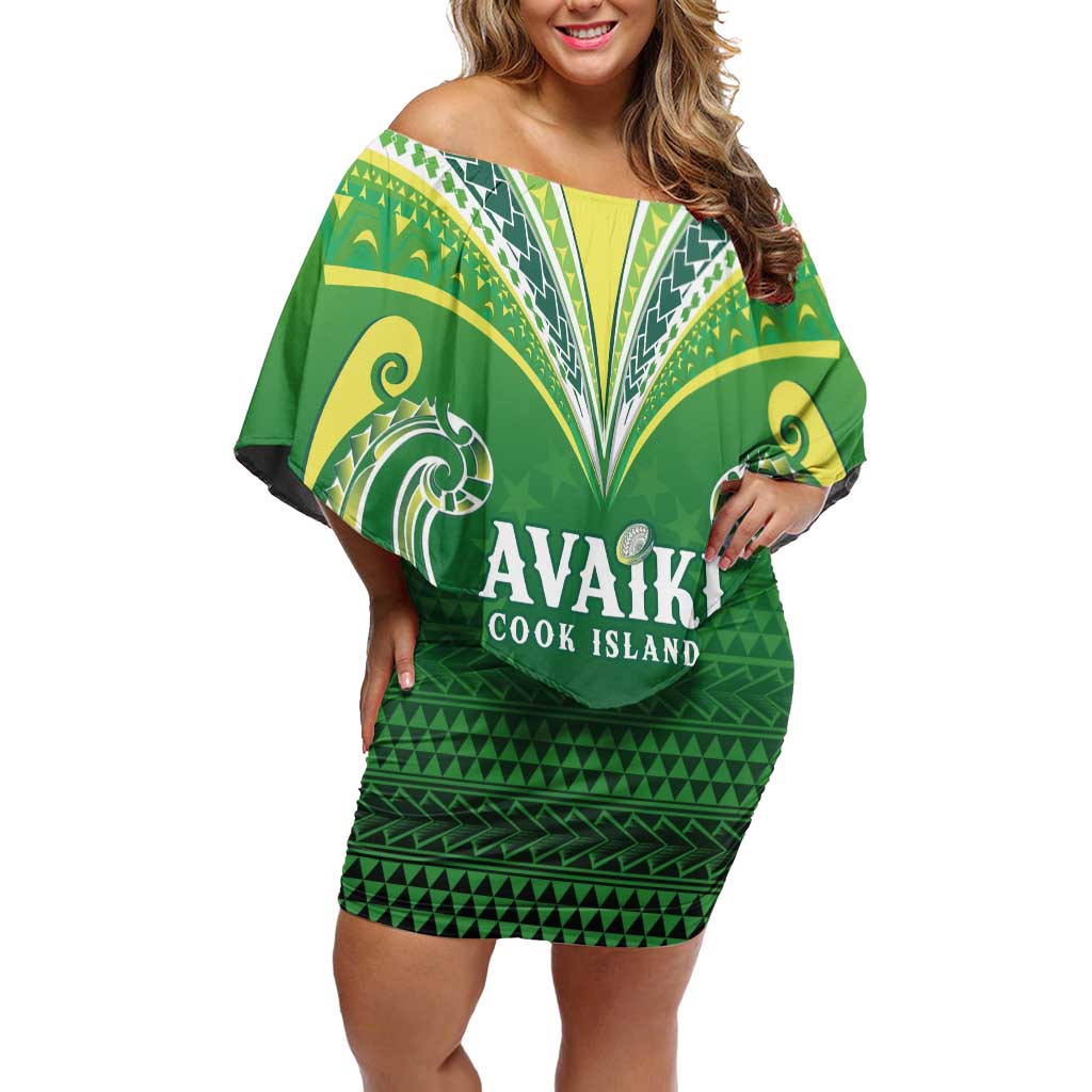Custom Rugby Cook Islands Avaiki Off Shoulder Short Dress Green Kuki Airani Tribal Maori Inspired LT9 Women Green - Polynesian Pride