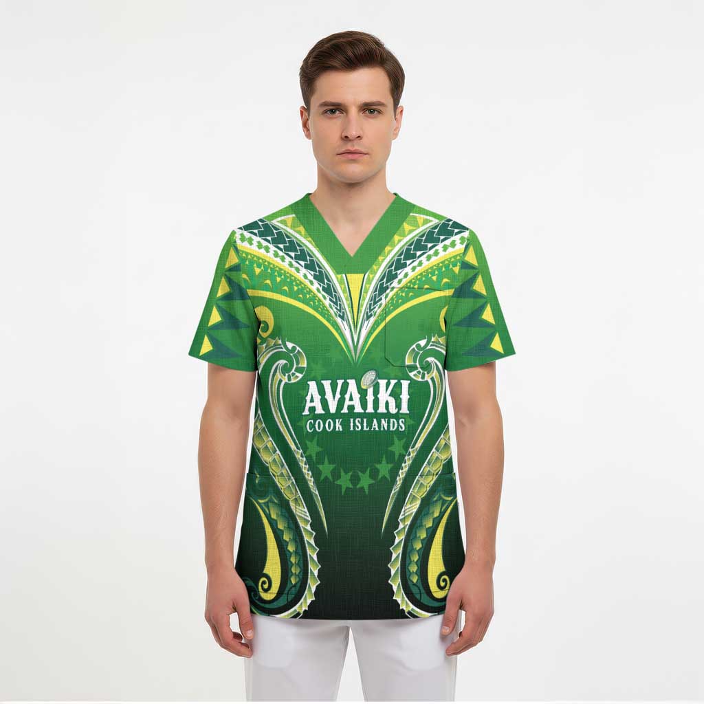 Custom Rugby Cook Islands Avaiki Scrub Top Green Kuki Airani Tribal Maori Inspired LT9 - Polynesian Pride