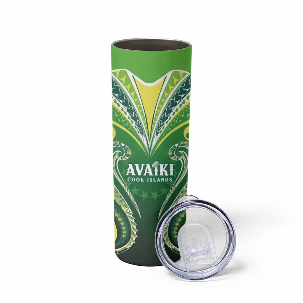 Custom Rugby Cook Islands Avaiki Skinny Tumbler Green Kuki Airani Tribal Maori Inspired LT9 - Polynesian Pride