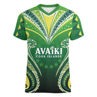 Custom Rugby Cook Islands Avaiki Women V-Neck T-Shirt Green Kuki Airani Tribal Maori Inspired LT9 Female Green - Polynesian Pride