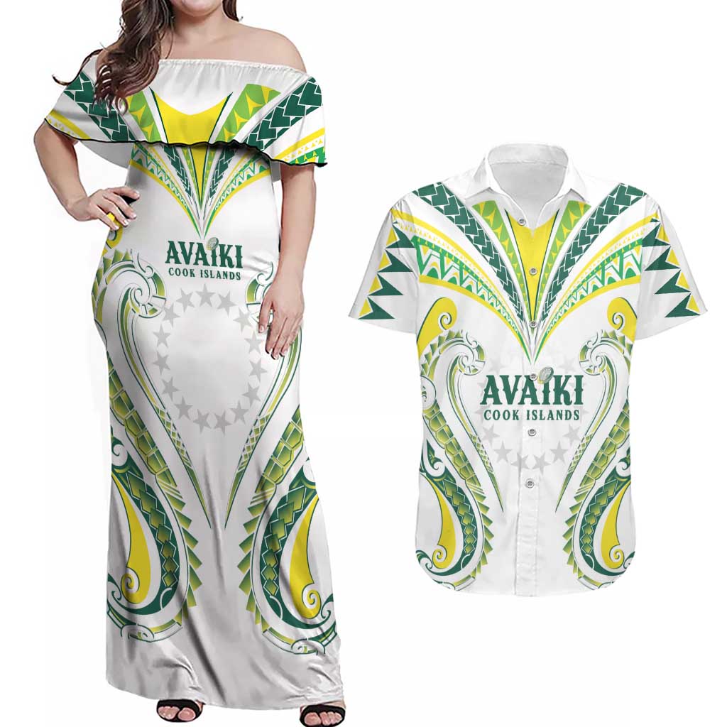 Custom Rugby Cook Islands Avaiki Couples Matching Off Shoulder Maxi Dress and Hawaiian Shirt White Kuki Airani Tribal Maori Inspired LT9 White - Polynesian Pride