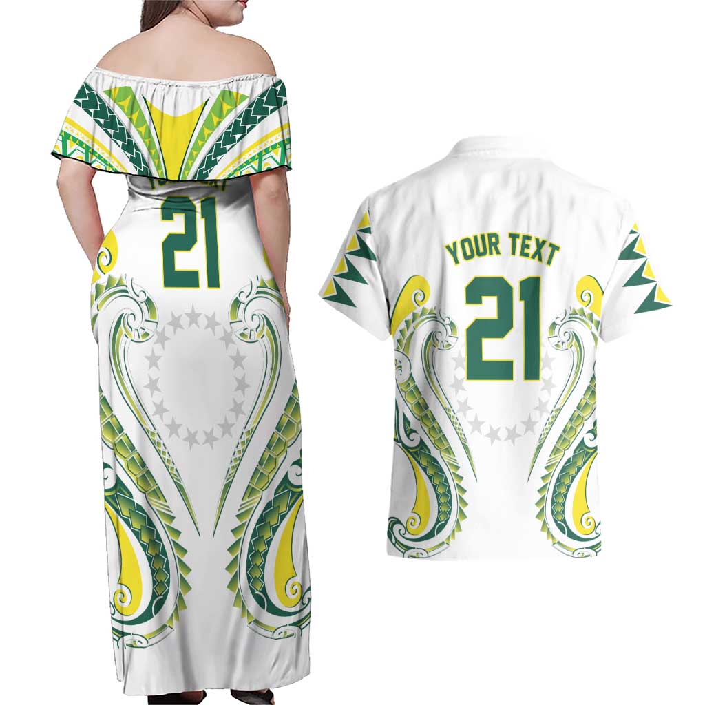 Custom Rugby Cook Islands Avaiki Couples Matching Off Shoulder Maxi Dress and Hawaiian Shirt White Kuki Airani Tribal Maori Inspired LT9 - Polynesian Pride