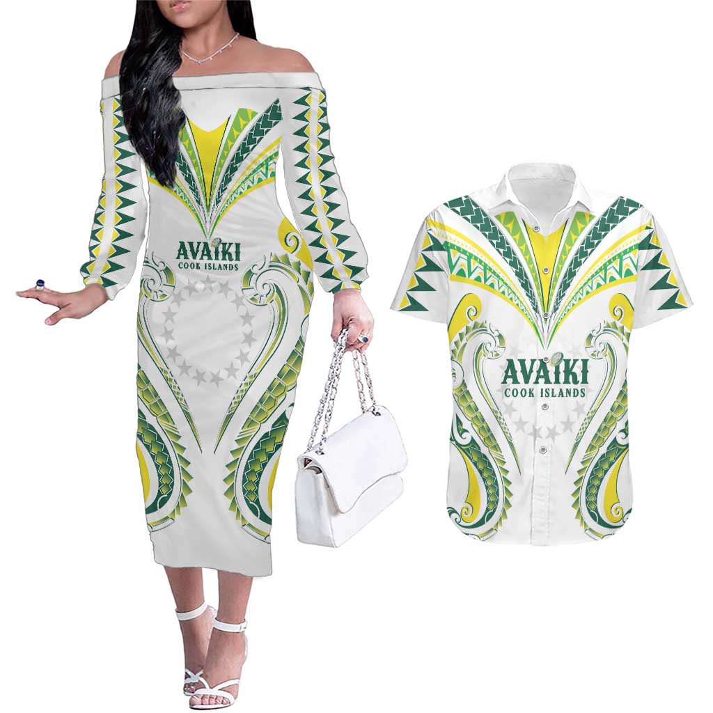 Custom Rugby Cook Islands Avaiki Couples Matching Off The Shoulder Long Sleeve Dress and Hawaiian Shirt White Kuki Airani Tribal Maori Inspired LT9 White - Polynesian Pride