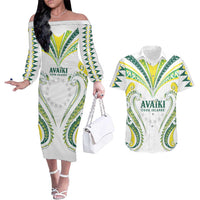 Custom Rugby Cook Islands Avaiki Couples Matching Off The Shoulder Long Sleeve Dress and Hawaiian Shirt White Kuki Airani Tribal Maori Inspired LT9 White - Polynesian Pride