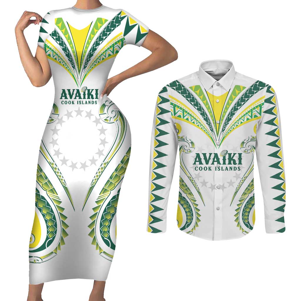 Custom Rugby Cook Islands Avaiki Couples Matching Short Sleeve Bodycon Dress and Long Sleeve Button Shirt White Kuki Airani Tribal Maori Inspired - Polynesian Pride