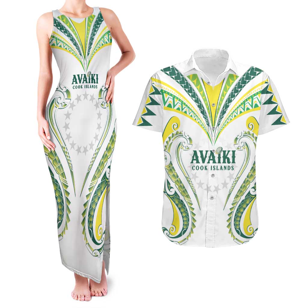 Custom Rugby Cook Islands Avaiki Couples Matching Tank Maxi Dress and Hawaiian Shirt White Kuki Airani Tribal Maori Inspired LT9 White - Polynesian Pride