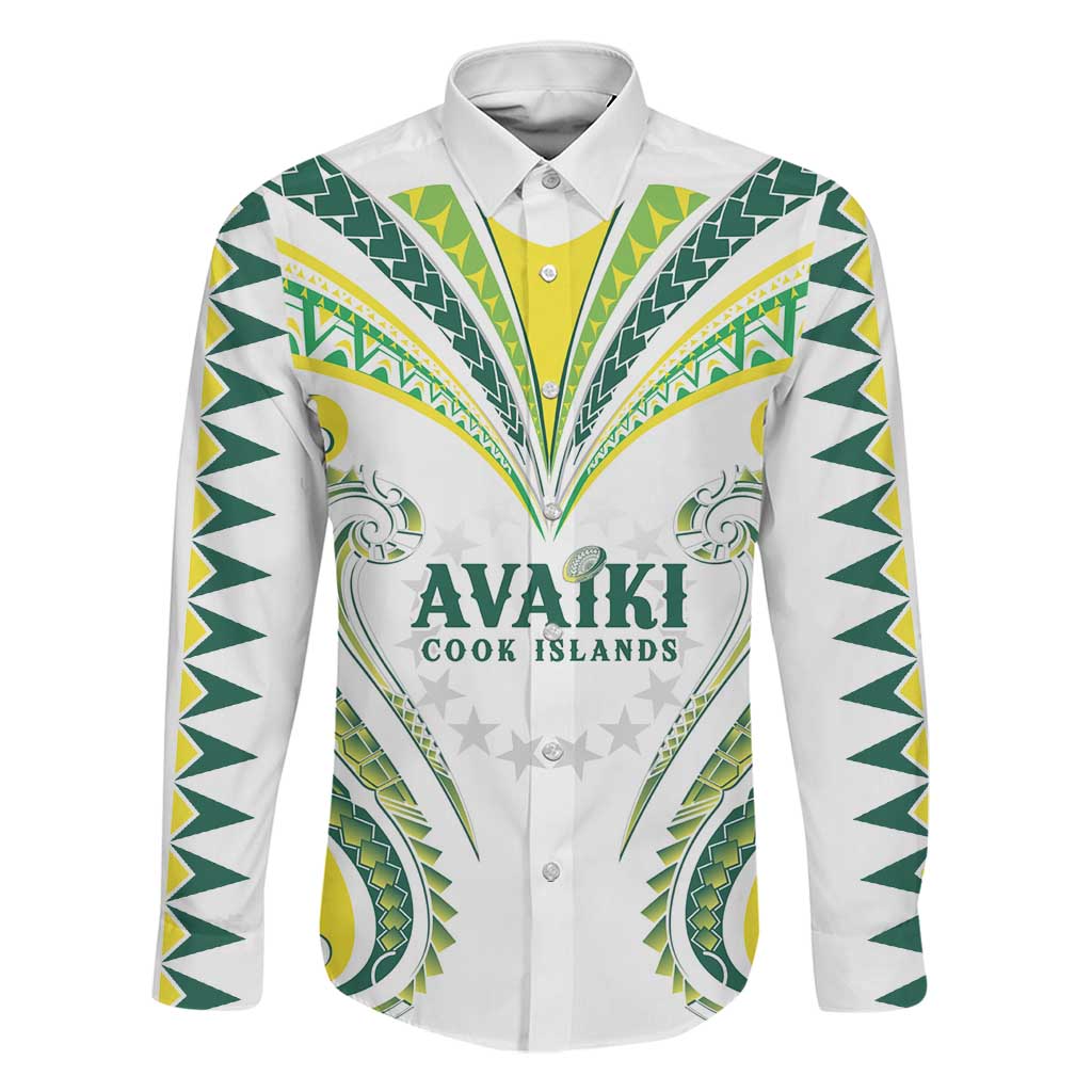 Custom Rugby Cook Islands Avaiki Family Matching Off The Shoulder Long Sleeve Dress and Hawaiian Shirt White Kuki Airani Tribal Maori Inspired LT9 Dad's Shirt - Long Sleeve White - Polynesian Pride