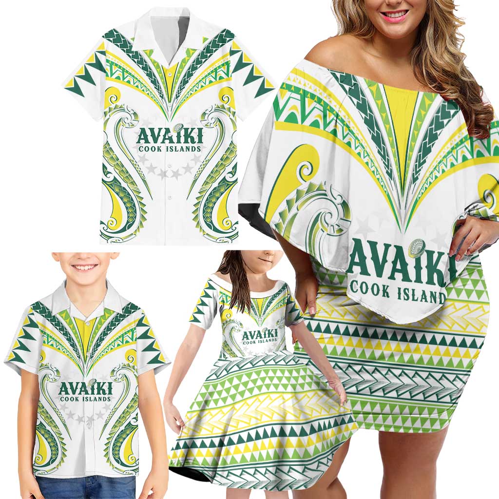 Custom Rugby Cook Islands Avaiki Family Matching Off Shoulder Short Dress and Hawaiian Shirt White Kuki Airani Tribal Maori Inspired - Polynesian Pride