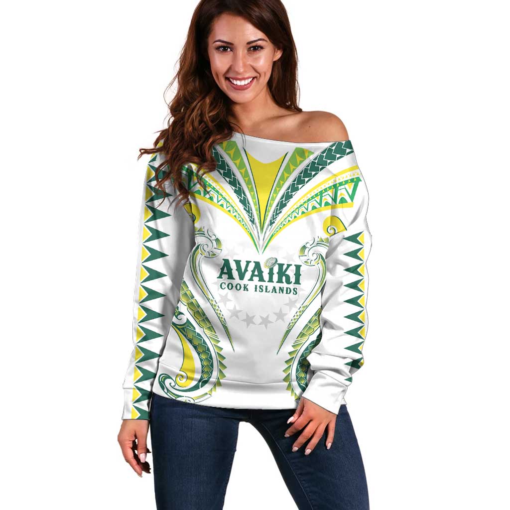 Custom Rugby Cook Islands Avaiki Off Shoulder Sweater White Kuki Airani Tribal Maori Inspired LT9 Women White - Polynesian Pride
