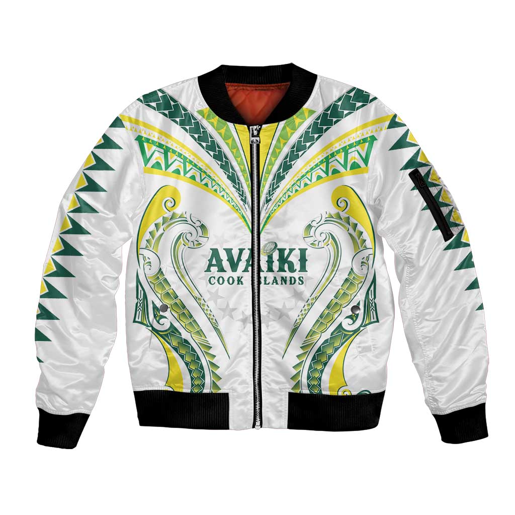 Custom Rugby Cook Islands Avaiki Sleeve Zip Bomber Jacket White Kuki Airani Tribal Maori Inspired LT9 Unisex White - Polynesian Pride