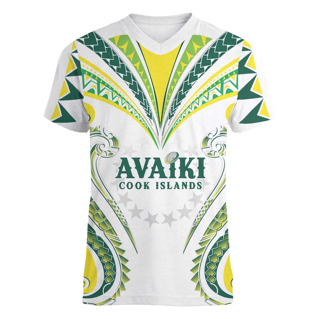 Custom Rugby Cook Islands Avaiki Women V-Neck T-Shirt White Kuki Airani Tribal Maori Inspired - Polynesian Pride