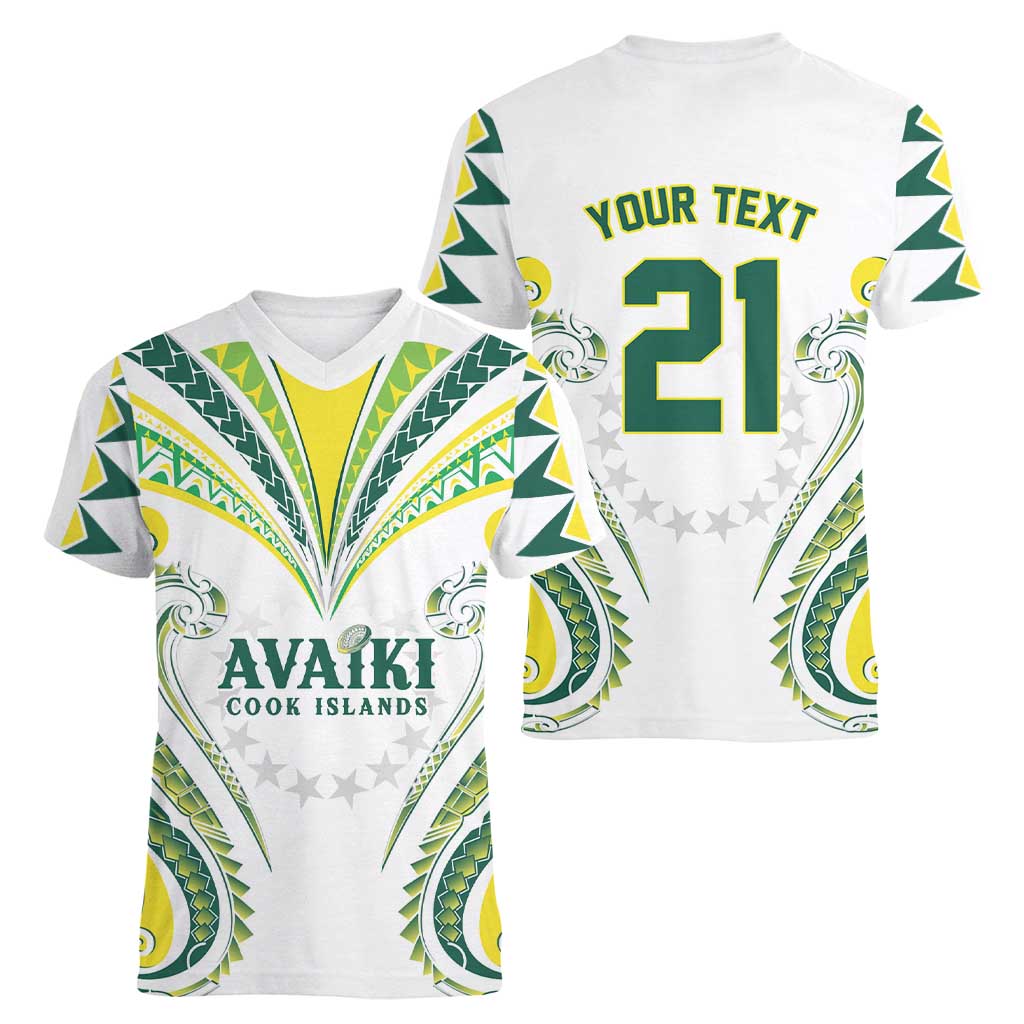 Custom Rugby Cook Islands Avaiki Women V-Neck T-Shirt White Kuki Airani Tribal Maori Inspired LT9 - Polynesian Pride