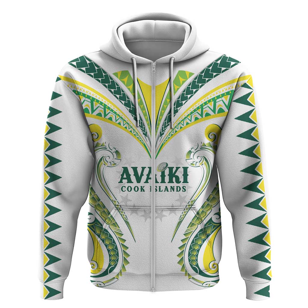 Custom Rugby Cook Islands Avaiki Zip Hoodie White Kuki Airani Tribal Maori Inspired - Polynesian Pride