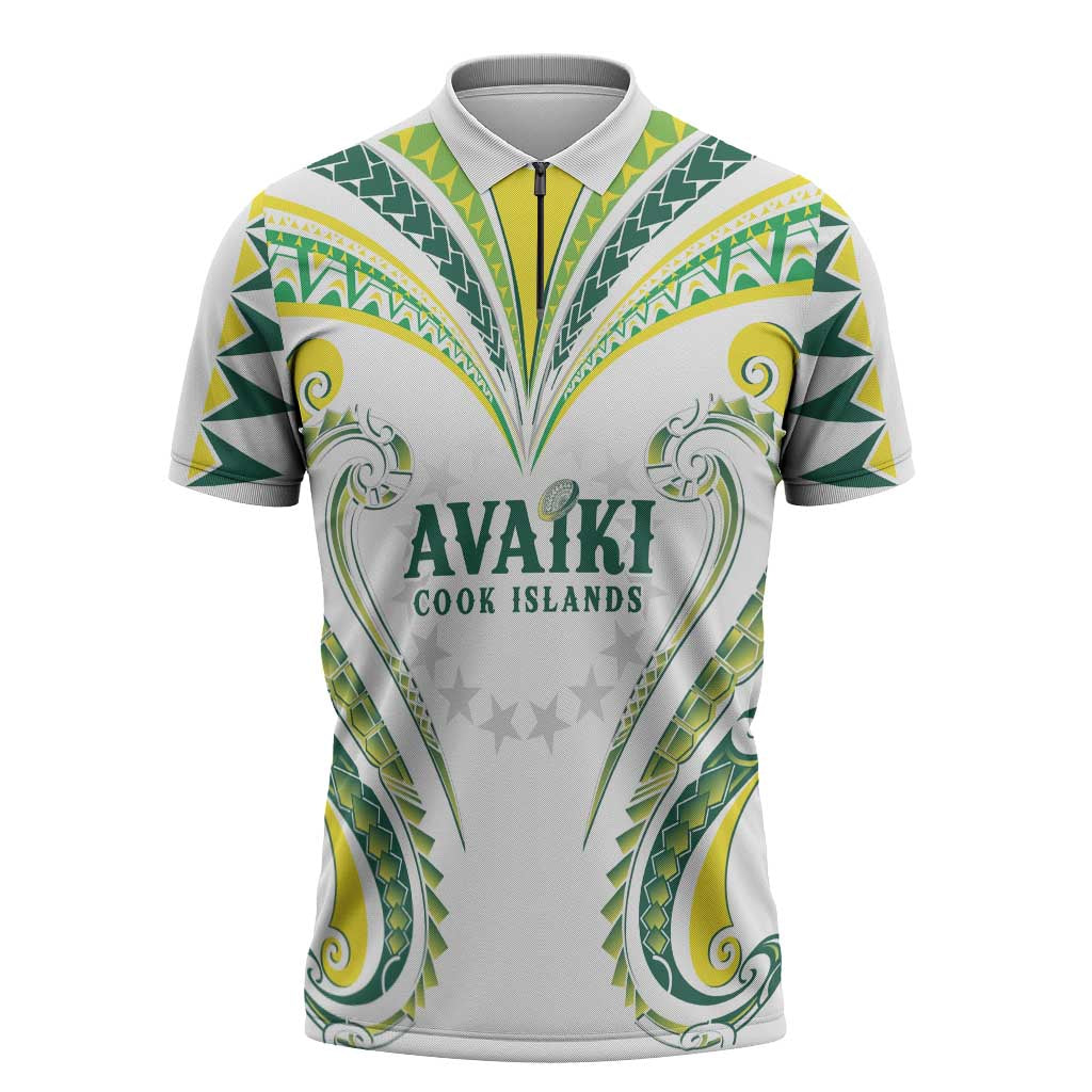 Custom Rugby Cook Islands Avaiki Zipper Polo Shirt White Kuki Airani Tribal Maori Inspired - Polynesian Pride