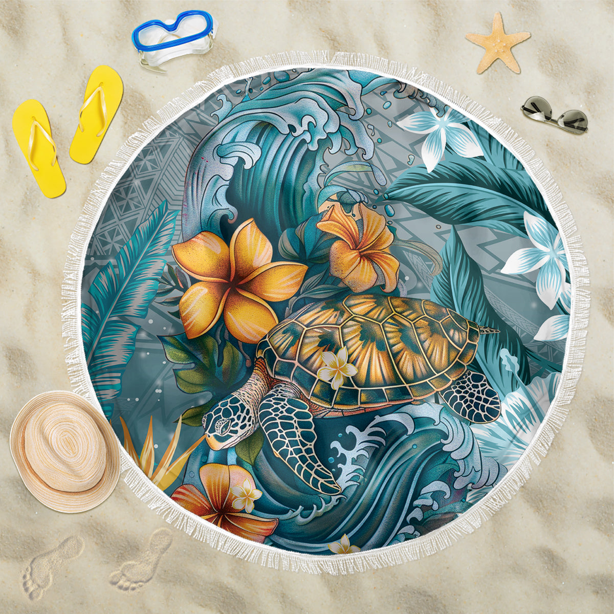 Sea Turtle In The Ocean Beach Blanket with Polynesian Pattern Arty Style