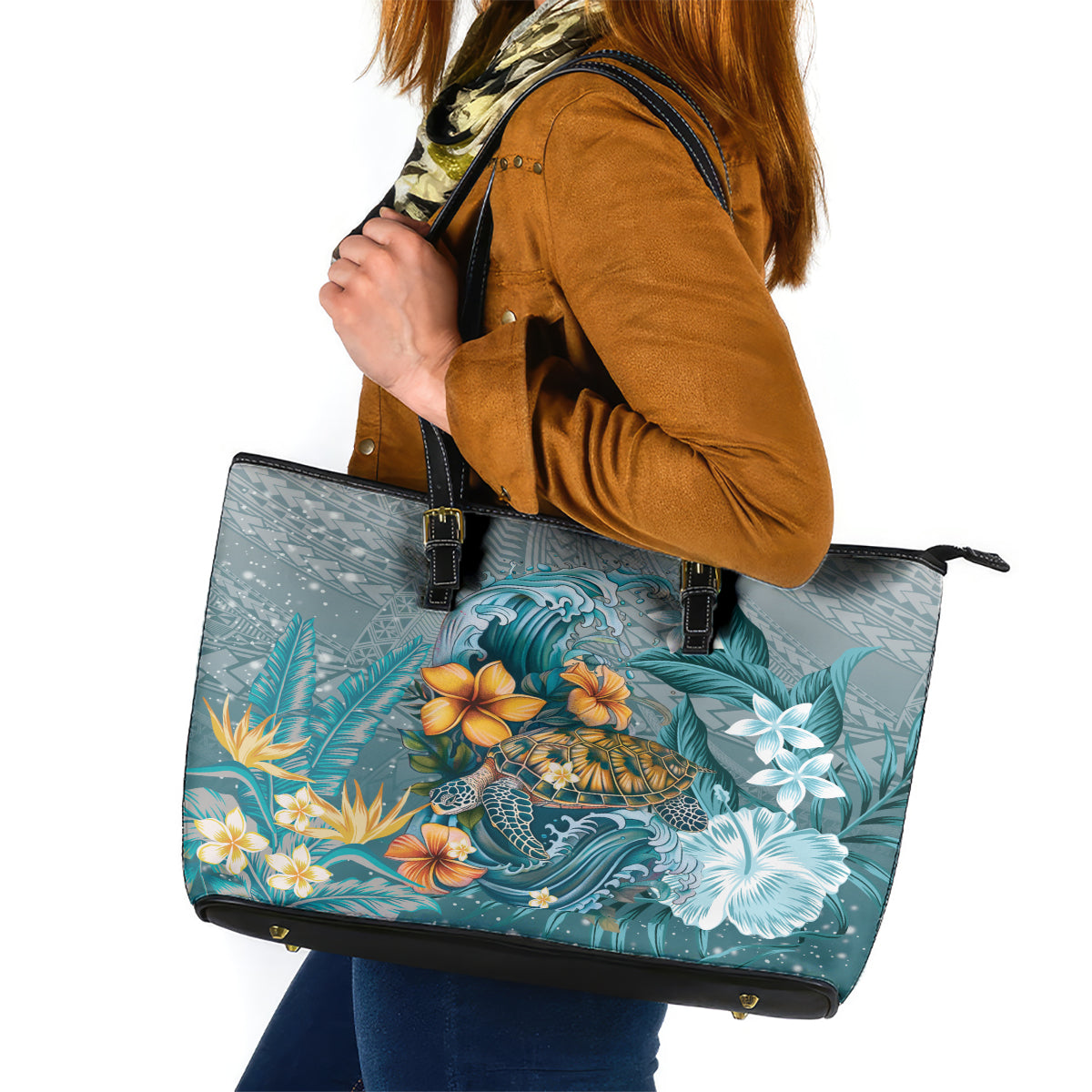 Sea Turtle In The Ocean Leather Tote Bag with Polynesian Pattern Arty Style