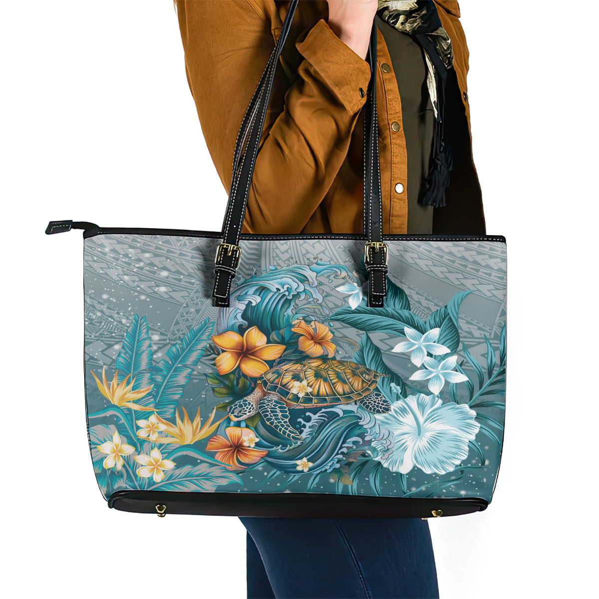 Sea Turtle In The Ocean Leather Tote Bag with Polynesian Pattern Arty Style