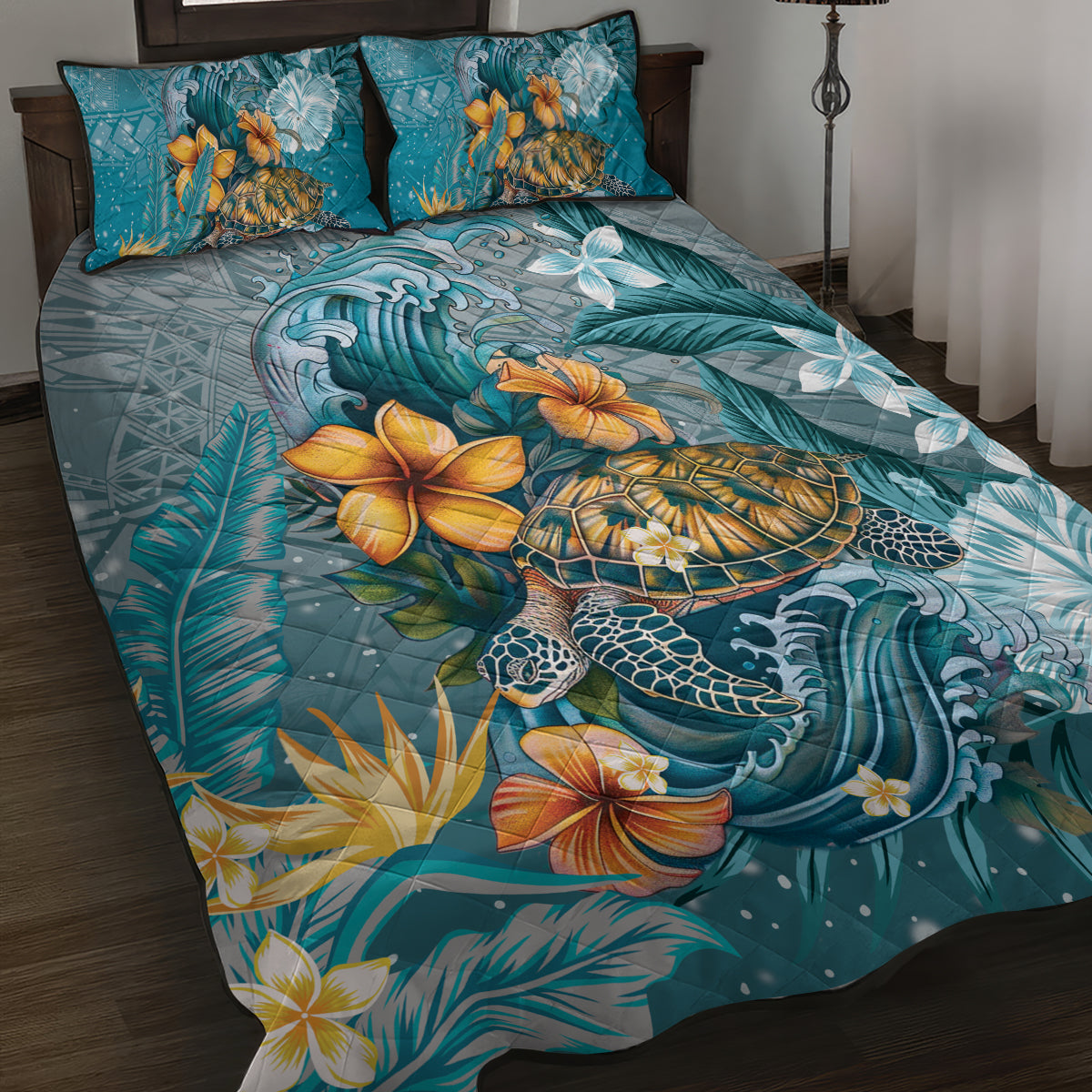 Sea Turtle In The Ocean Quilt Bed Set with Polynesian Pattern Arty Style