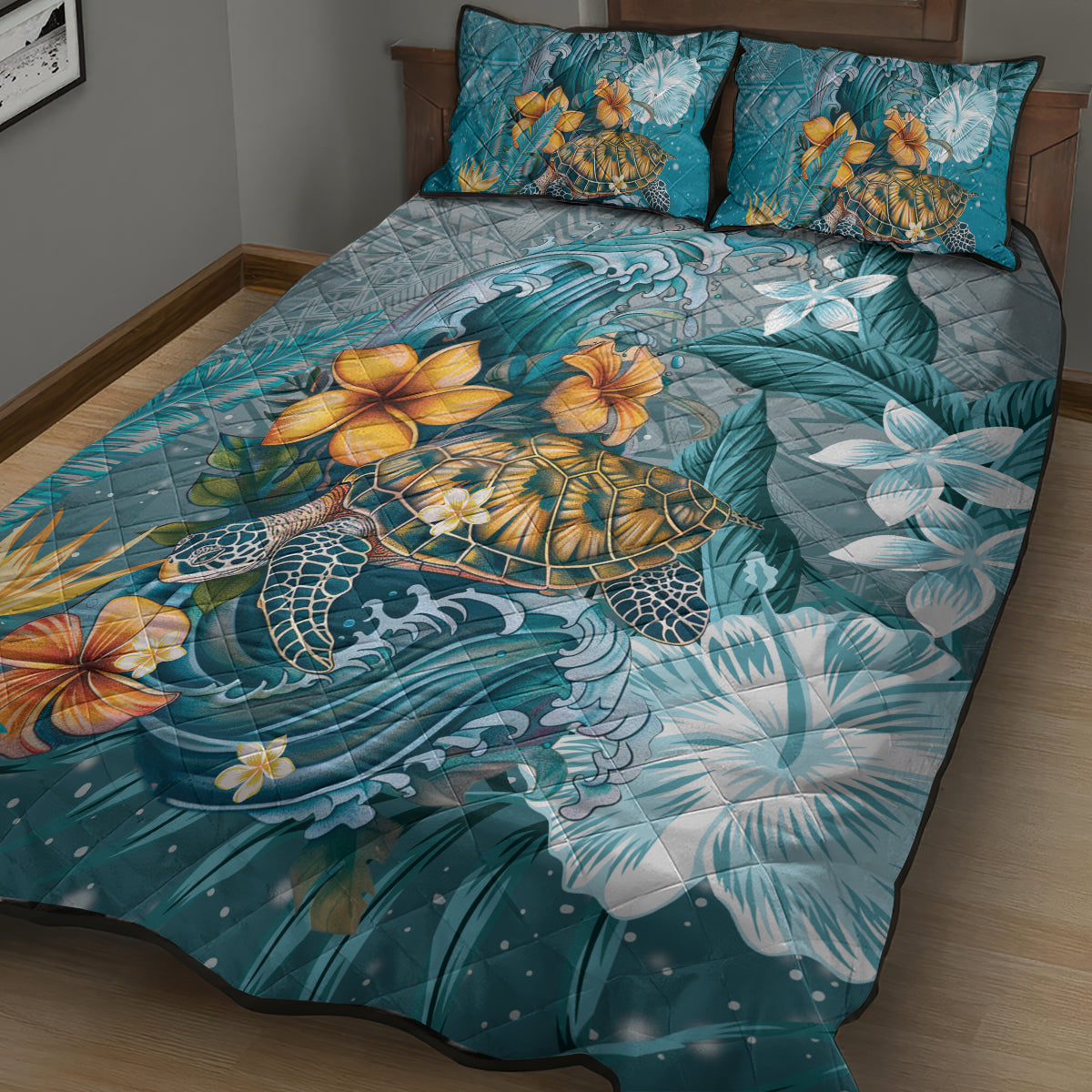 Sea Turtle In The Ocean Quilt Bed Set with Polynesian Pattern Arty Style