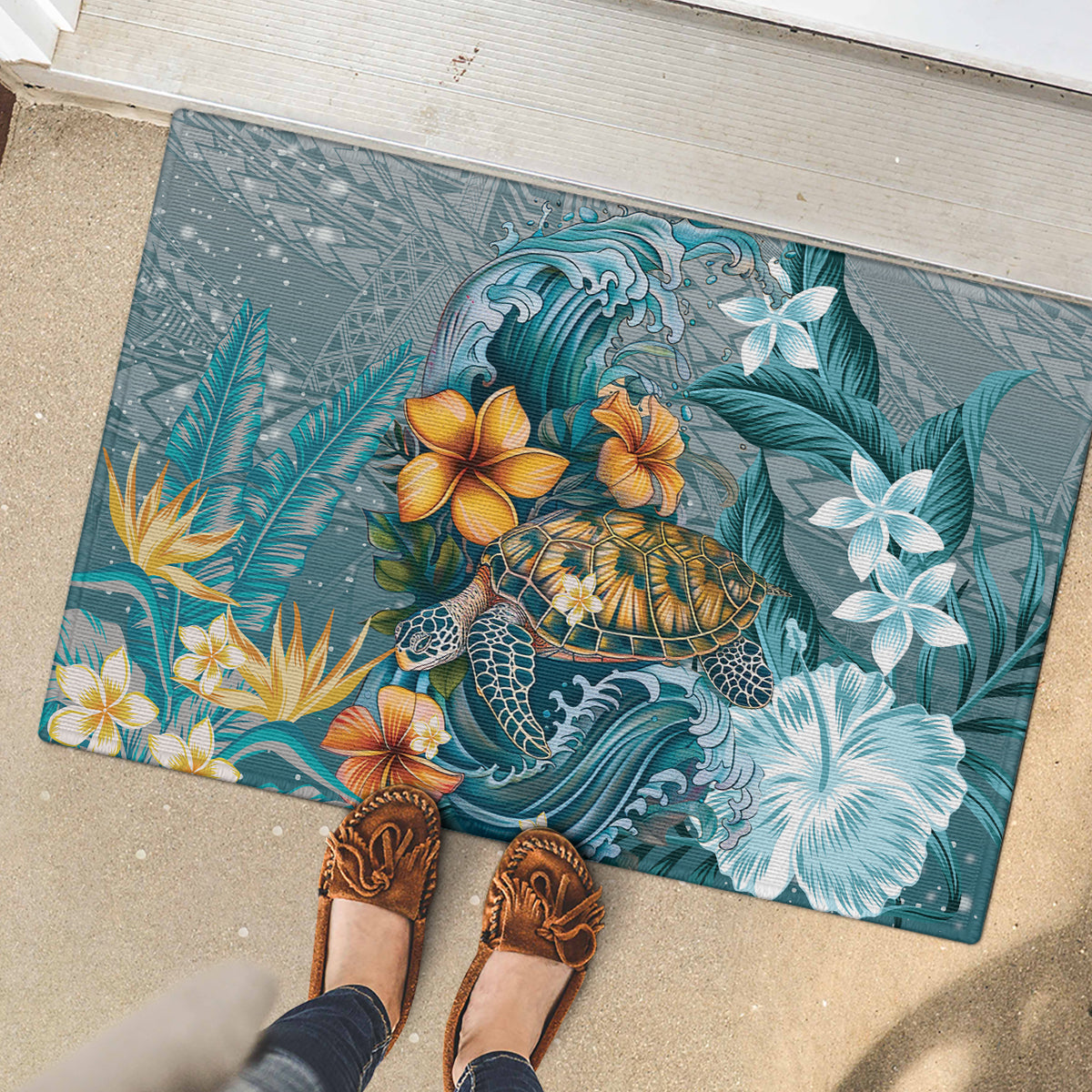 Sea Turtle In The Ocean Rubber Doormat with Polynesian Pattern Arty Style