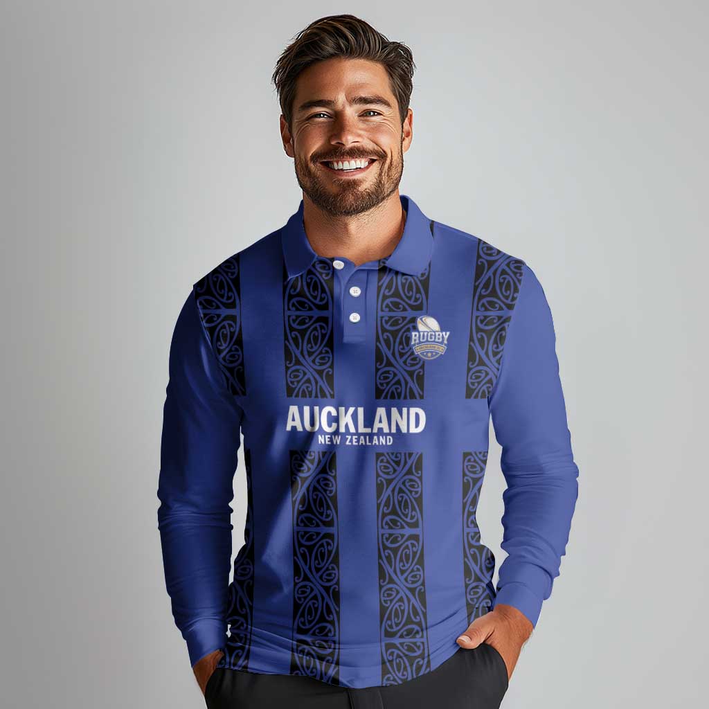 Custom Oceania Football NZ Auckland Long Sleeve Polo Shirt Maori Tribal Pattern