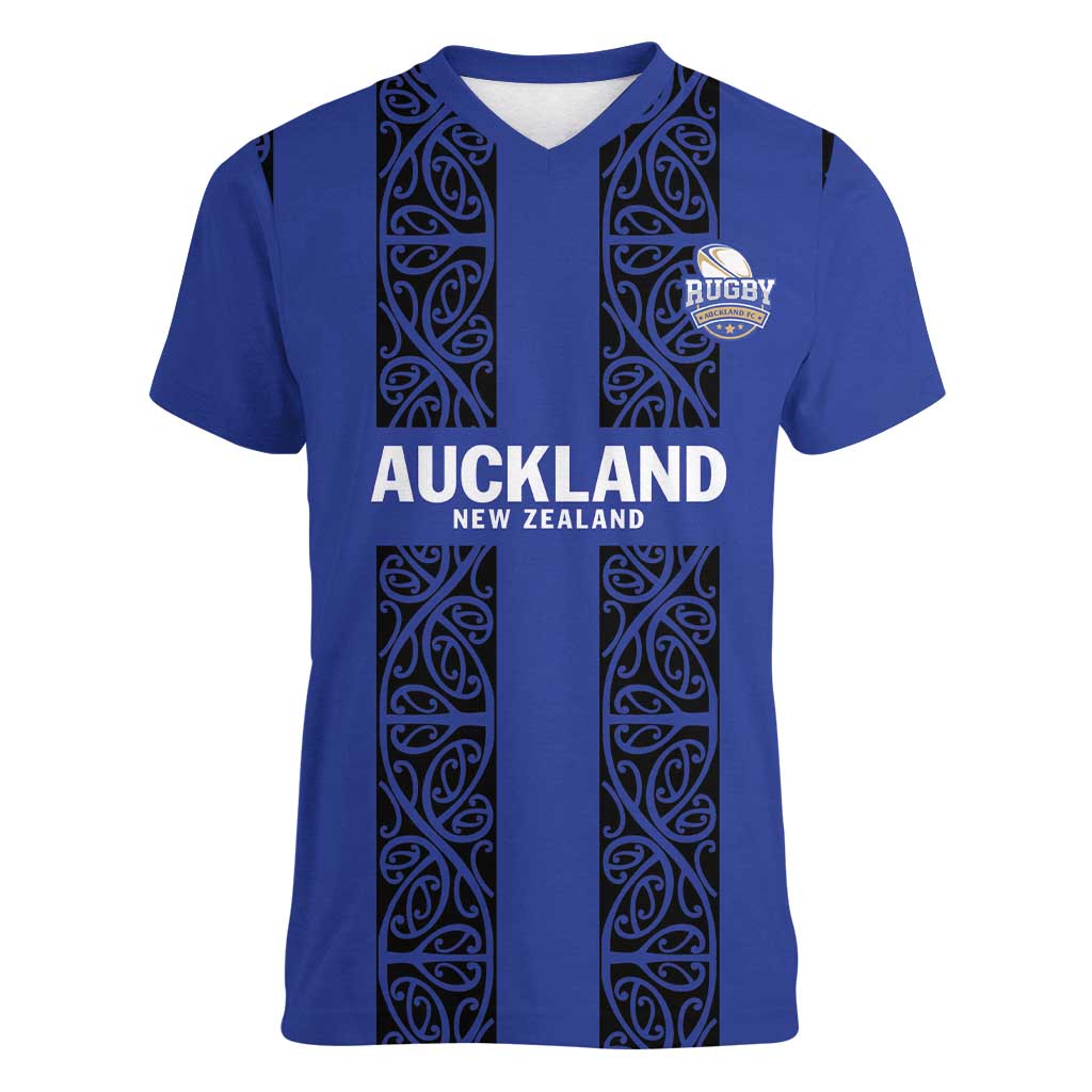 Custom Oceania Football NZ Auckland Women V-Neck T-Shirt Maori Tribal Pattern