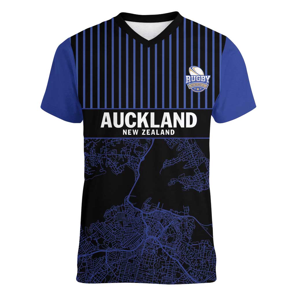 Custom Oceania Football NZ Auckland Women V-Neck T-Shirt Minimal City Map Style