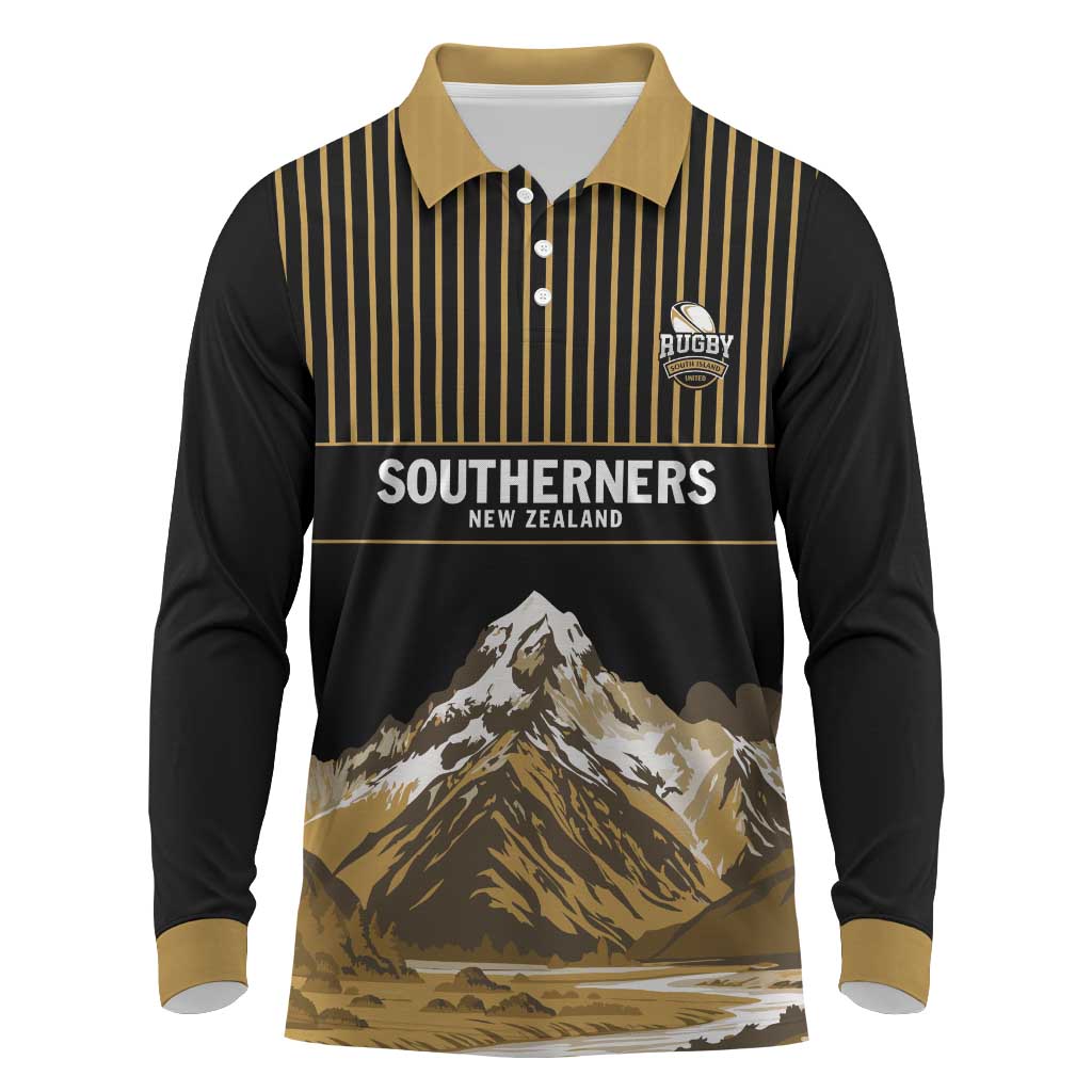 Custom Oceania Football NZ South Island Long Sleeve Polo Shirt Minimal Mount Cook Silhouette LT9 Black - Polynesian Pride