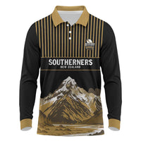 Custom Oceania Football NZ South Island Long Sleeve Polo Shirt Minimal Mount Cook Silhouette LT9 Black - Polynesian Pride