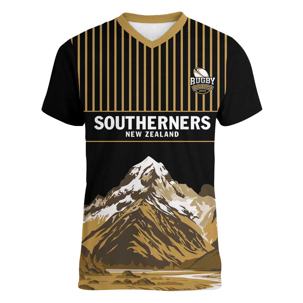 Custom Oceania Football NZ South Island Women V-Neck T-Shirt Minimal Mount Cook Silhouette