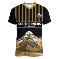 Custom Oceania Football NZ South Island Women V-Neck T-Shirt Minimal Mount Cook Silhouette LT9 Female Black - Polynesian Pride