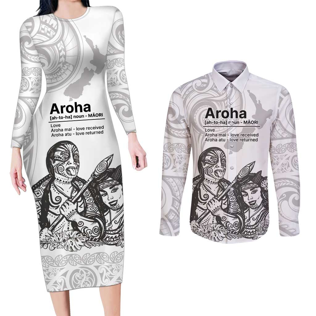 Aroha Maori Language Couples Matching Long Sleeve Bodycon Dress and Long Sleeve Button Shirt Te Reo Maori Inspired Art