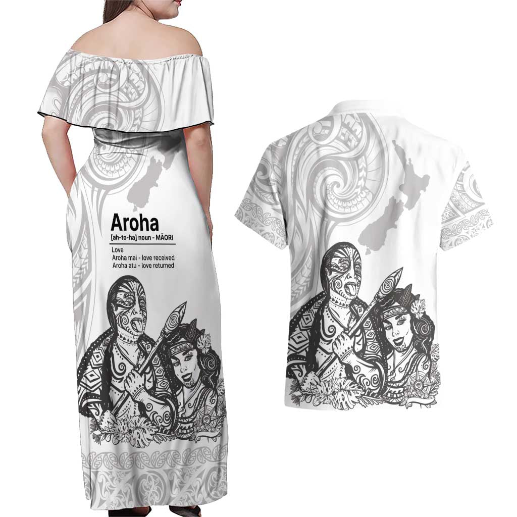Aroha Maori Language Couples Matching Off Shoulder Maxi Dress and Hawaiian Shirt Te Reo Maori Inspired Art