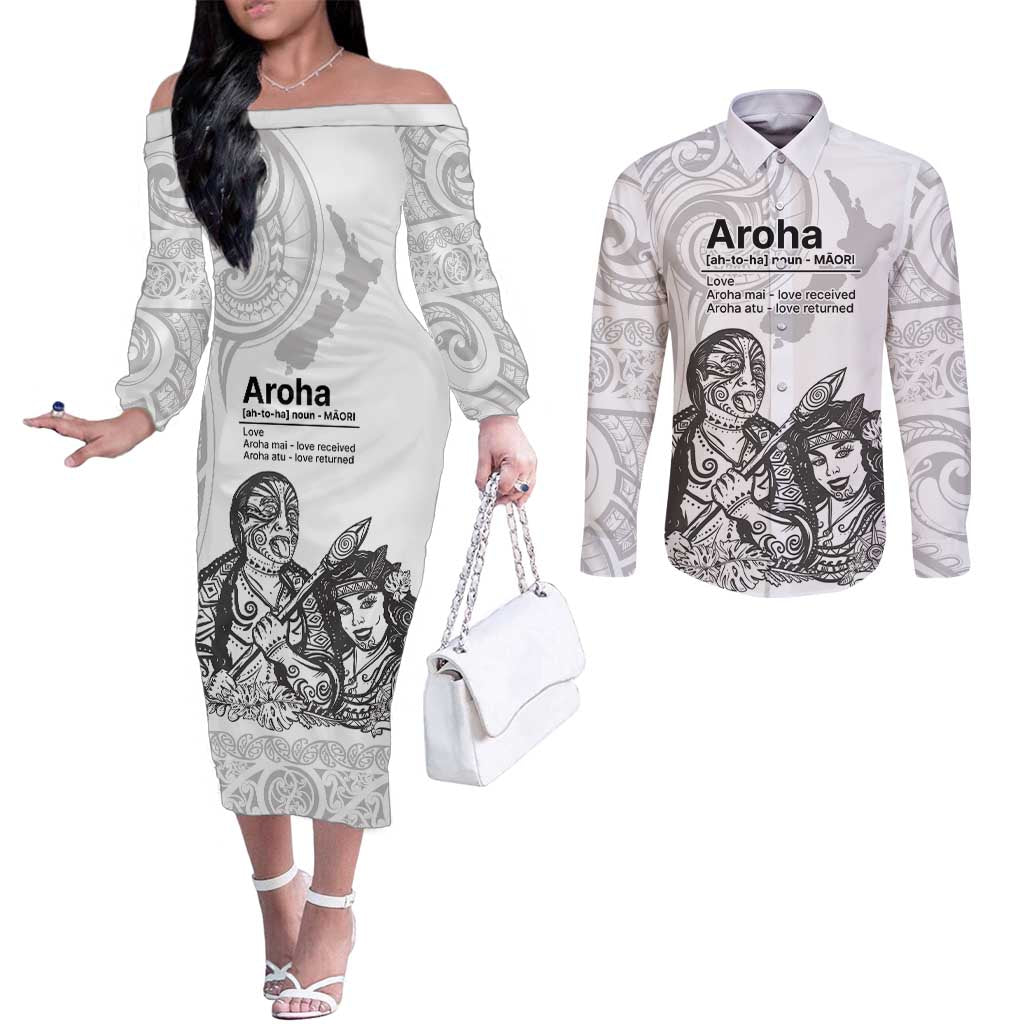 Aroha Maori Language Couples Matching Off The Shoulder Long Sleeve Dress and Long Sleeve Button Shirt Te Reo Maori Inspired Art