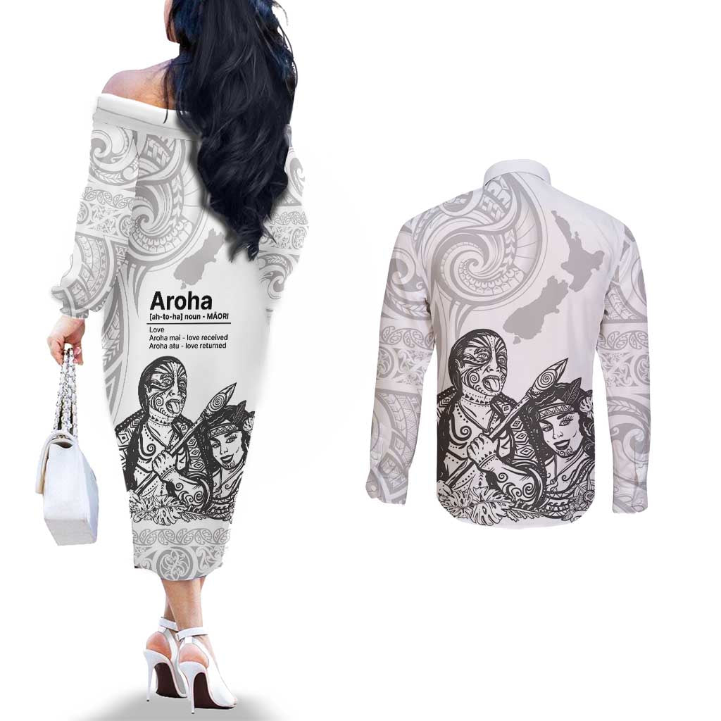 Aroha Maori Language Couples Matching Off The Shoulder Long Sleeve Dress and Long Sleeve Button Shirt Te Reo Maori Inspired Art
