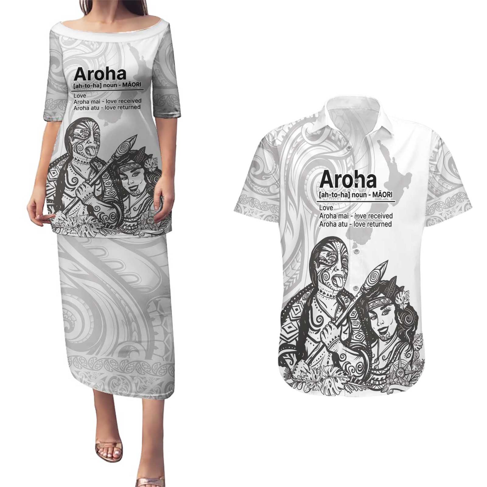 Aroha Maori Language Couples Matching Puletasi and Hawaiian Shirt Te Reo Maori Inspired Art