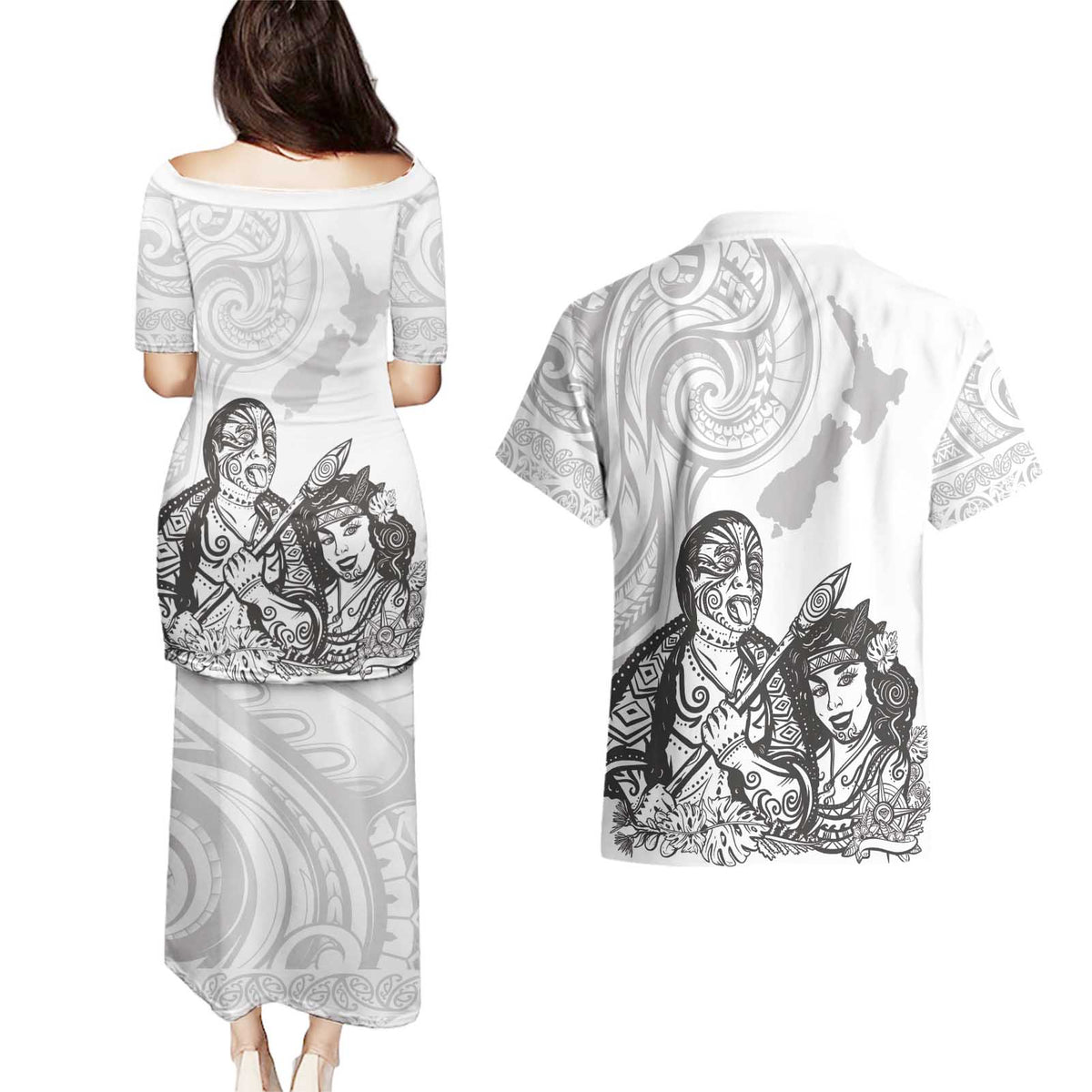 Aroha Maori Language Couples Matching Puletasi and Hawaiian Shirt Te Reo Maori Inspired Art