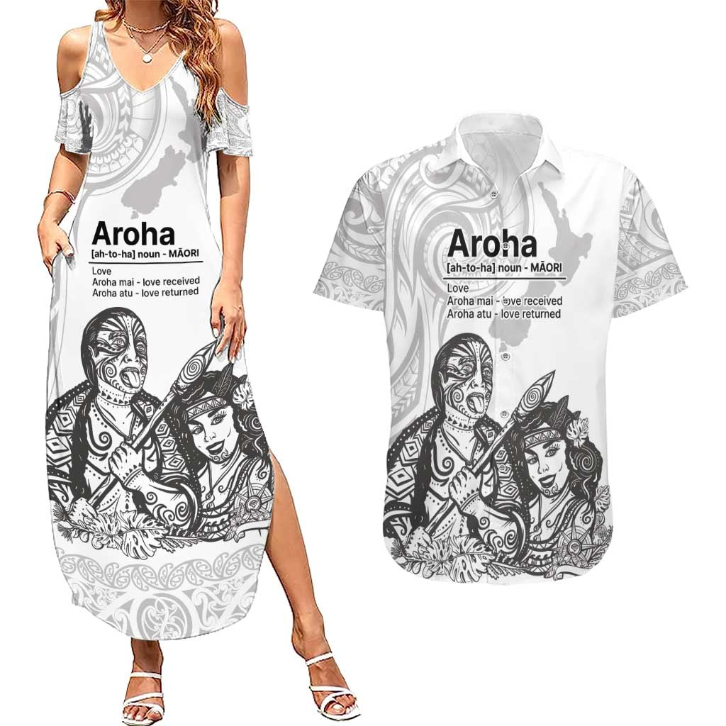 Aroha Maori Language Couples Matching Summer Maxi Dress and Hawaiian Shirt Te Reo Maori Inspired Art
