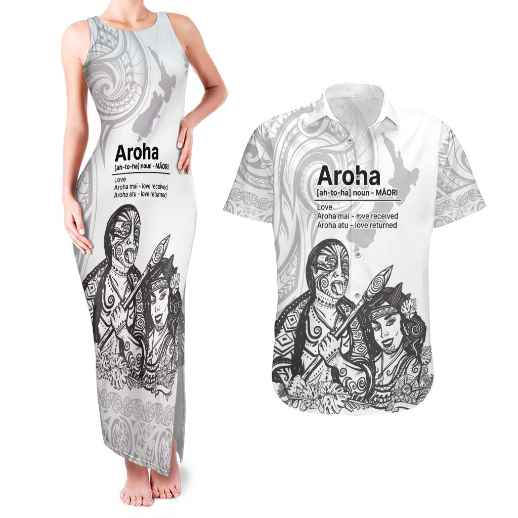 Aroha Maori Language Couples Matching Tank Maxi Dress and Hawaiian Shirt Te Reo Maori Inspired Art