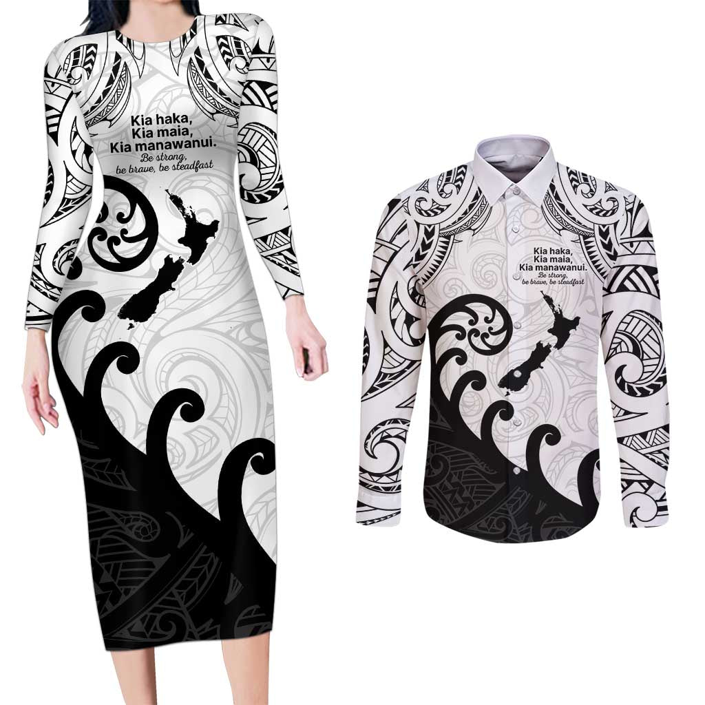 Kia Haka Maori language Couples Matching Long Sleeve Bodycon Dress and Long Sleeve Button Shirt Te Reo Maori Inspired Art