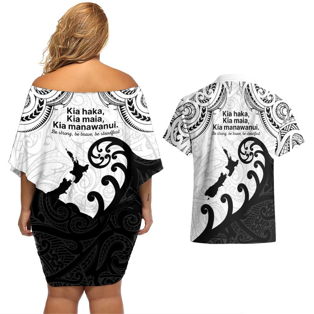 Kia Haka Maori language Couples Matching Off Shoulder Short Dress and Hawaiian Shirt Te Reo Maori Inspired Art