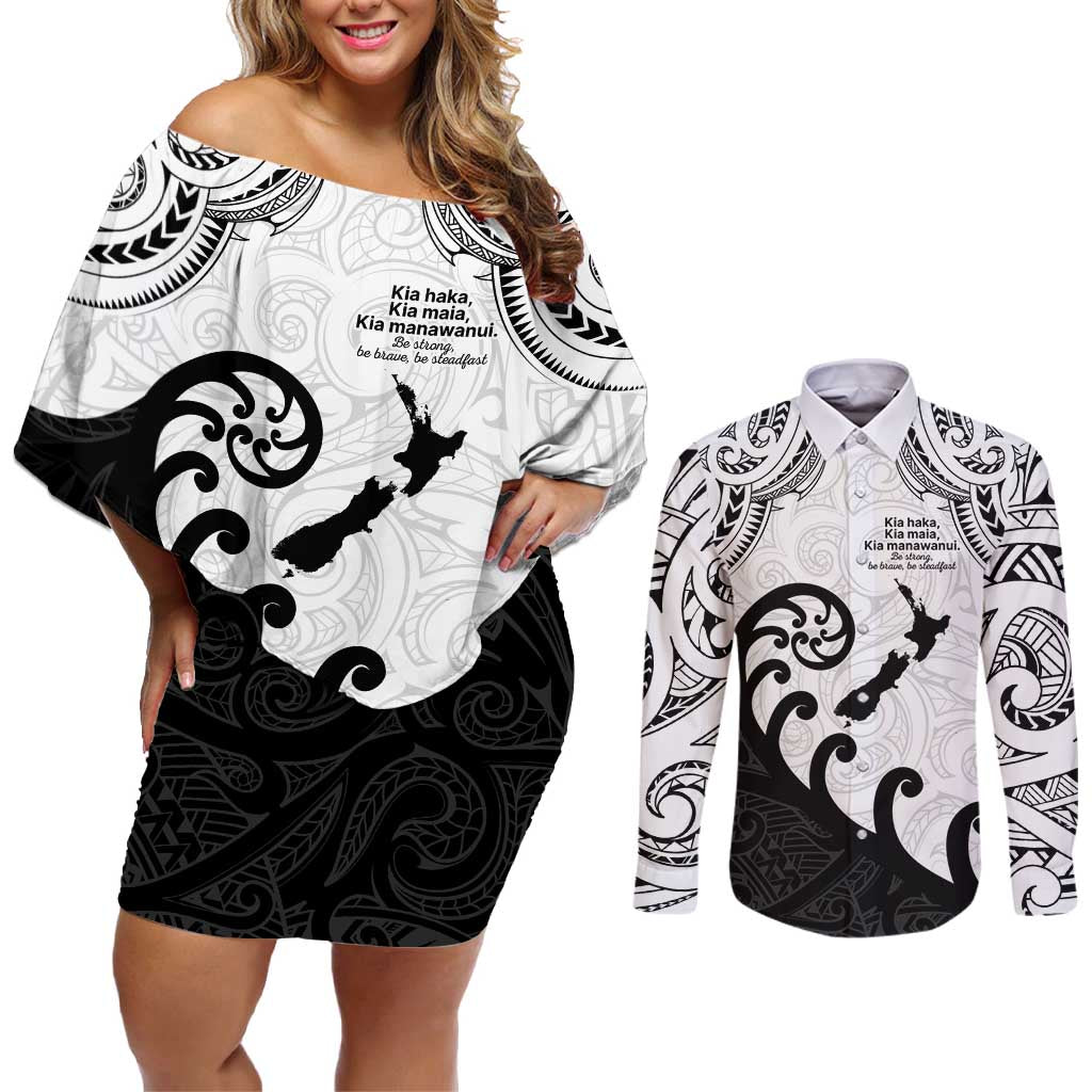 Kia Haka Maori language Couples Matching Off Shoulder Short Dress and Long Sleeve Button Shirt Te Reo Maori Inspired Art