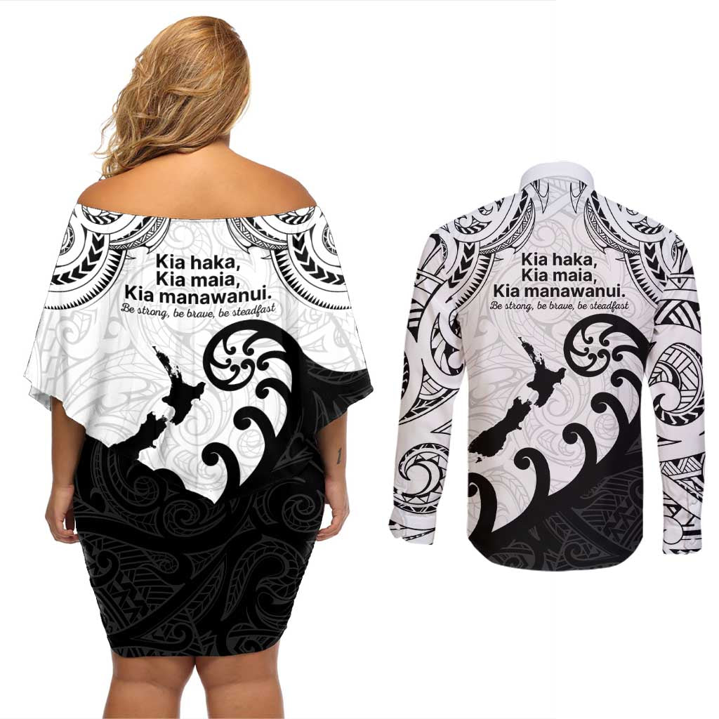 Kia Haka Maori language Couples Matching Off Shoulder Short Dress and Long Sleeve Button Shirt Te Reo Maori Inspired Art