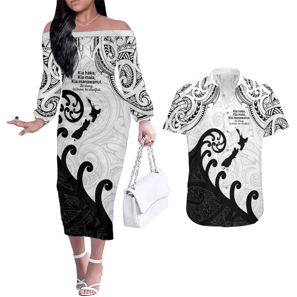 Kia Haka Maori language Couples Matching Off The Shoulder Long Sleeve Dress and Hawaiian Shirt Te Reo Maori Inspired Art