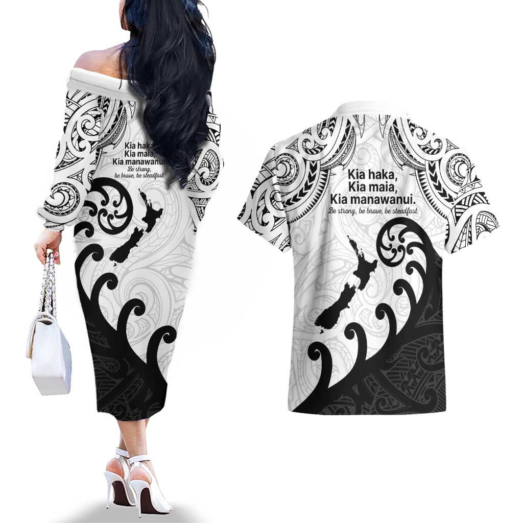 Kia Haka Maori language Couples Matching Off The Shoulder Long Sleeve Dress and Hawaiian Shirt Te Reo Maori Inspired Art