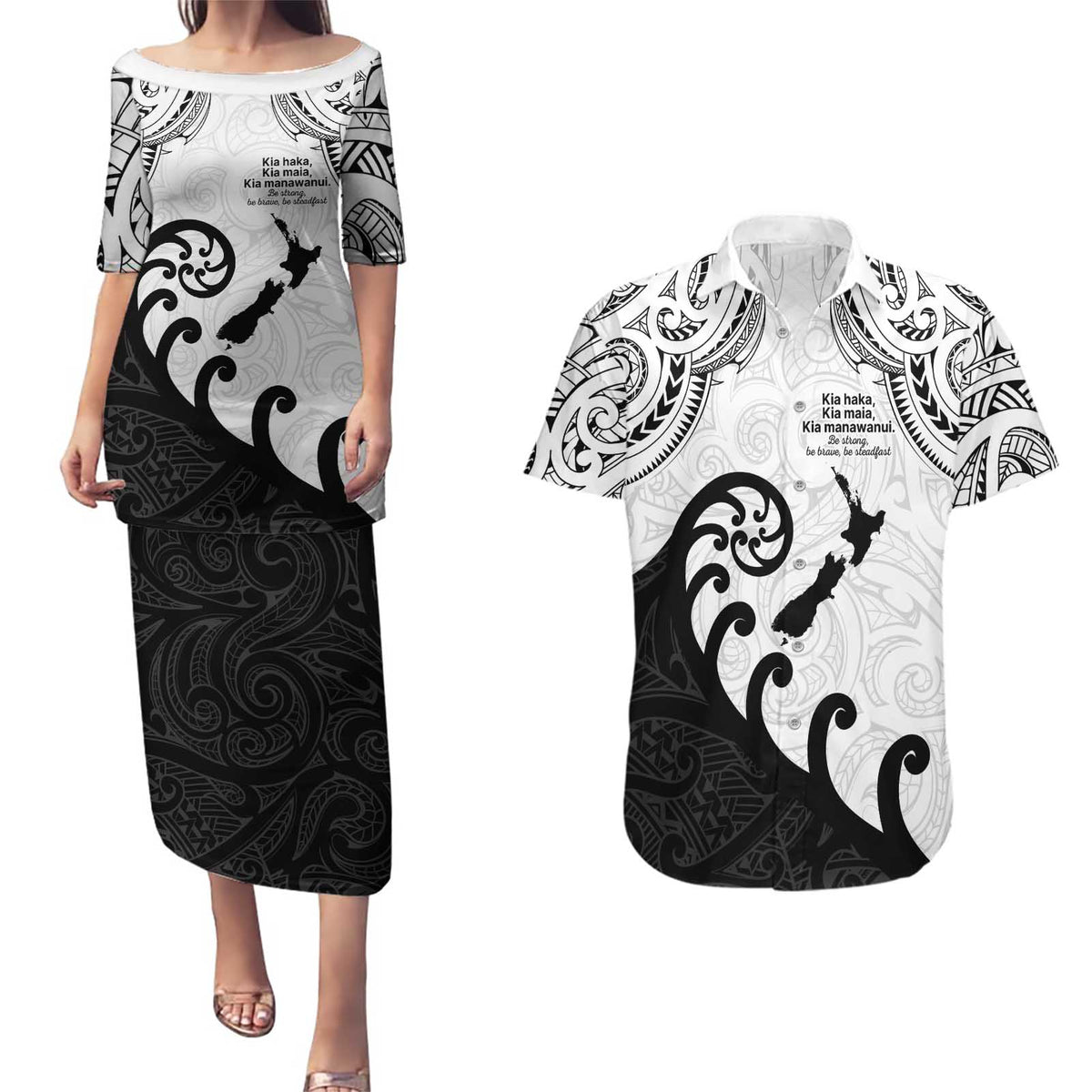 Kia Haka Maori language Couples Matching Puletasi and Hawaiian Shirt Te Reo Maori Inspired Art