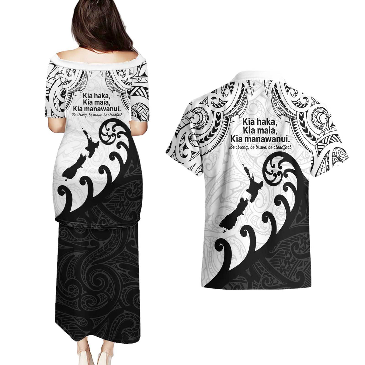 Kia Haka Maori language Couples Matching Puletasi and Hawaiian Shirt Te Reo Maori Inspired Art