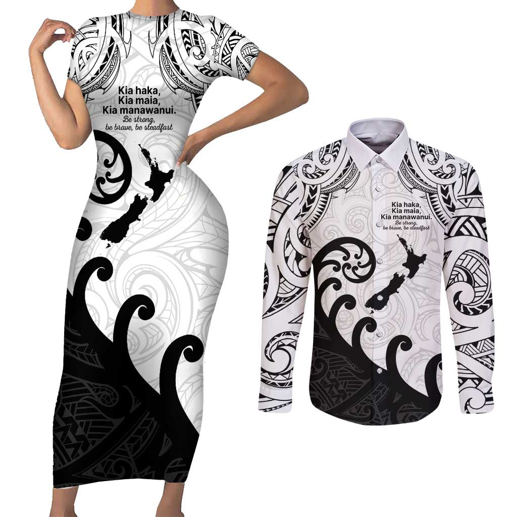 Kia Haka Maori language Couples Matching Short Sleeve Bodycon Dress and Long Sleeve Button Shirt Te Reo Maori Inspired Art