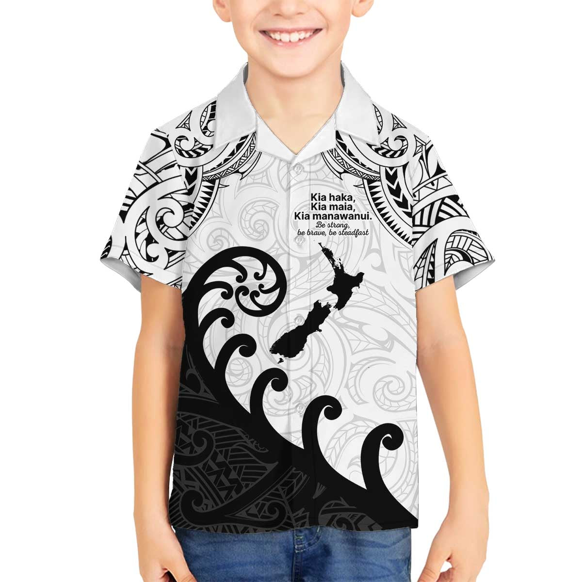 Kia Haka Maori language Family Matching Off The Shoulder Long Sleeve Dress and Hawaiian Shirt Te Reo Maori Inspired Art LT9 Son's Shirt white - Polynesian Pride