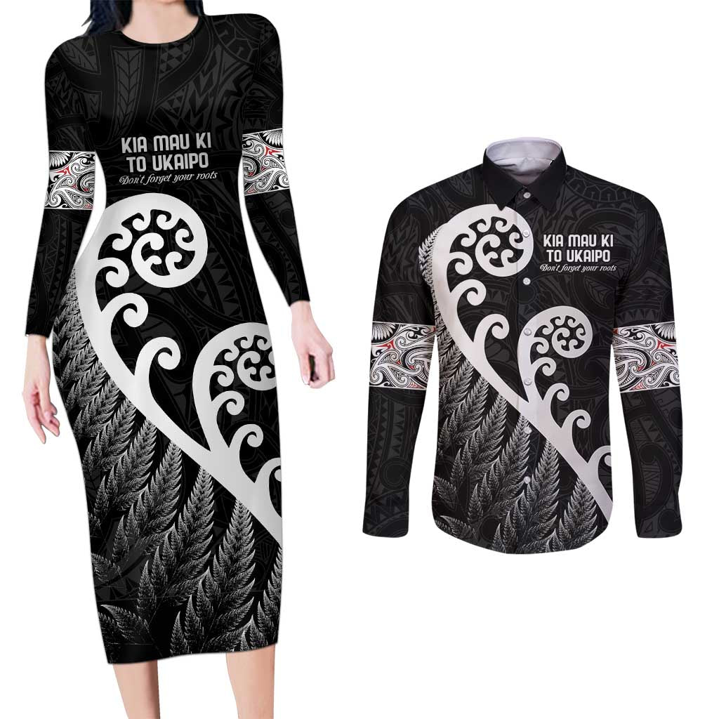 Kia Mau Ki To Ukaipo Couples Matching Long Sleeve Bodycon Dress and Long Sleeve Button Shirt Te Reo Maori Koru Fern Art